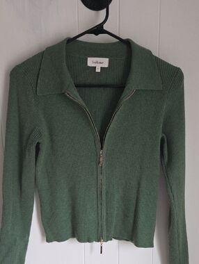 bohme Olive Green Ribbed V-Neck Zip Sweater